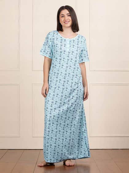 Susie Light Blue Round Neck Printed Nightwear