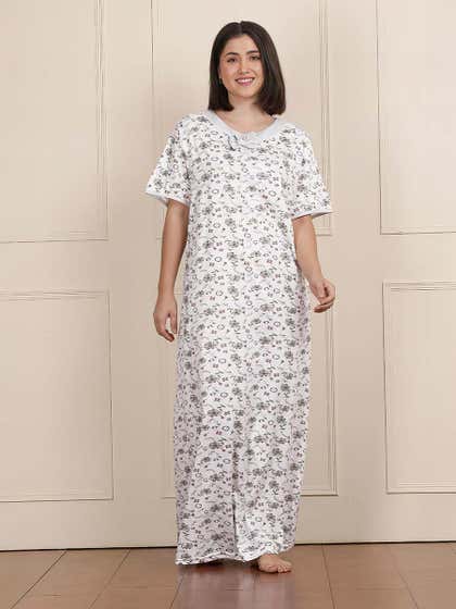 Susie Light Grey Full Length Printed Nightgown