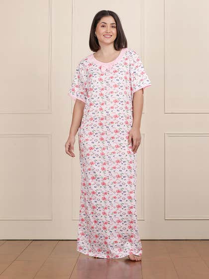 Susie White Pink Full Length Printed Nightgown