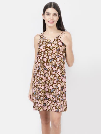 Susie Chocolate Fonda Floral Printed Tie Up Chemise