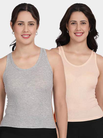 Shyle Melange Grey And Pink Broad Strap Ribbed Camisole
