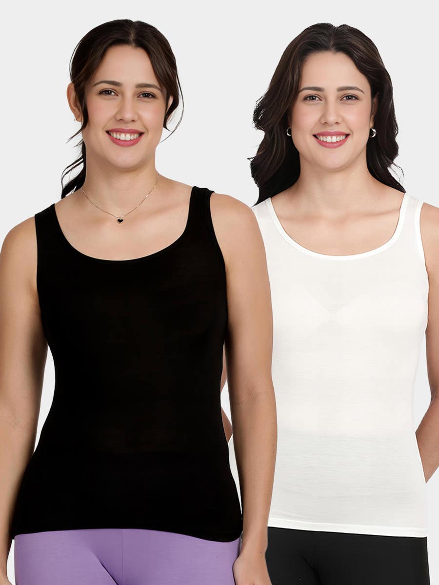 Shyle Black And White Narrow Shoulder Scoop Neck Camisole