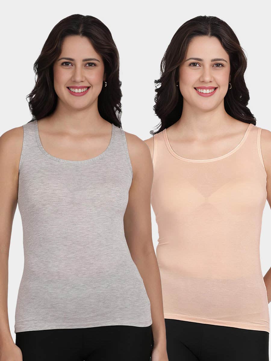 Shyle Skin And Melange Grey Narrow Shoulder Scoop Neck Camisole