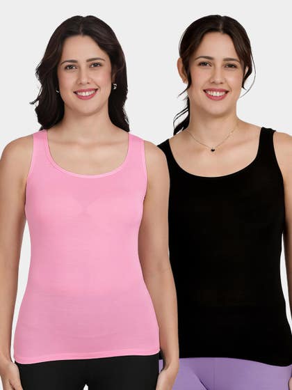 Shyle Pink And Black Narrow Shoulder Scoop Neck Camisole