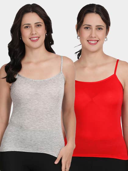 Shyle Melange Grey And Red U Neck Adjustable Strap Camisole
