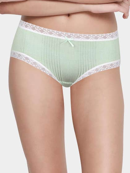 Shyle Mint Green Ribbed With Lace Trim Hipster Panty