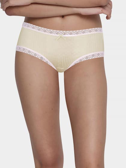 Shyle Pastel Yellow Ribbed With Lace Trim Hipster Panty