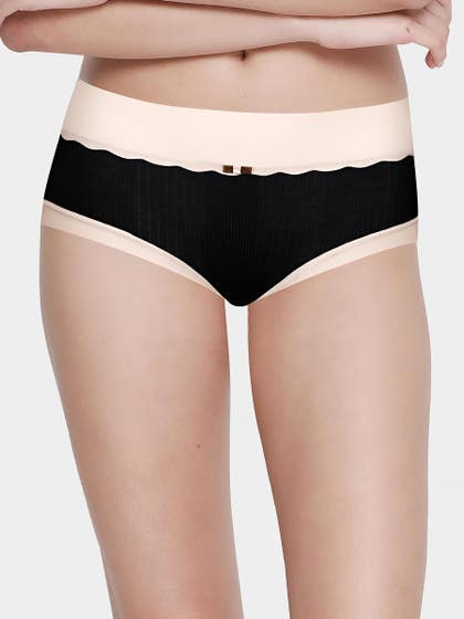 Shyle Black With Nude Contrast Ribbed Medium Waist Hipster Panty