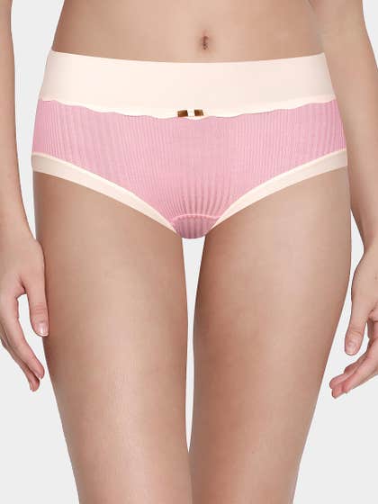 Shyle Pink With Nude Contrast Ribbed Medium Waist Hipster Panty