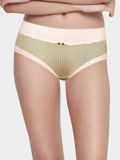 Shyle Green With Nude Contrast Ribbed Medium Waist Hipster Panty