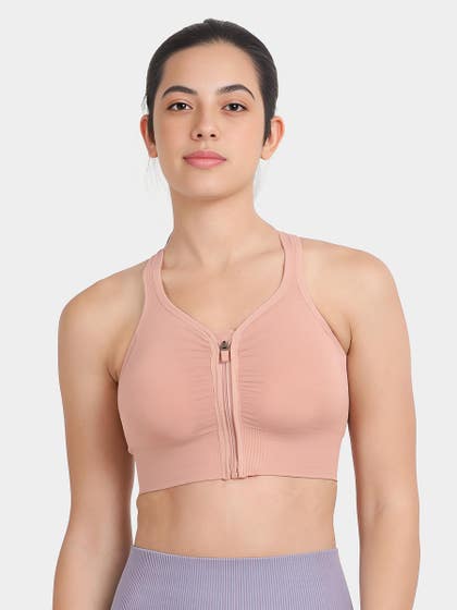 Shyle Light Pink Front Zipper Keyhole Back Sports Bra