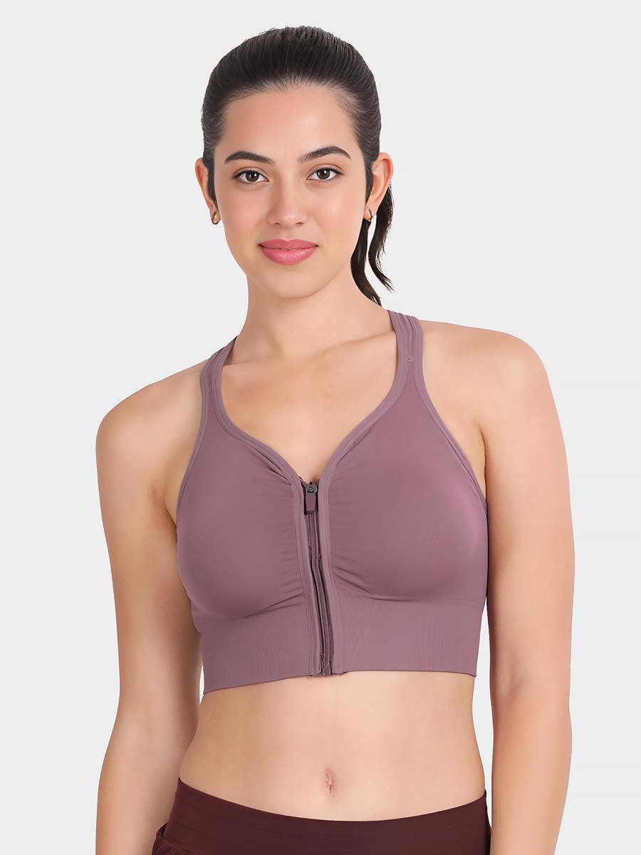 Shyle Mauve Front Zipper Keyhole Back Sports Bra