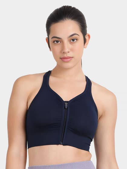 Shyle Navy Blue Front Zipper Keyhole Back Sports Bra