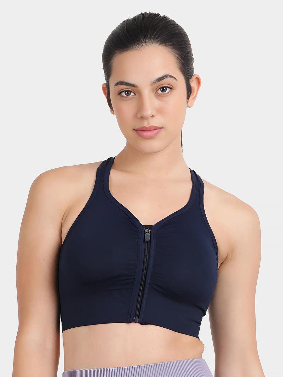 Shyle Navy Blue Front Zipper Keyhole Back Sports Bra