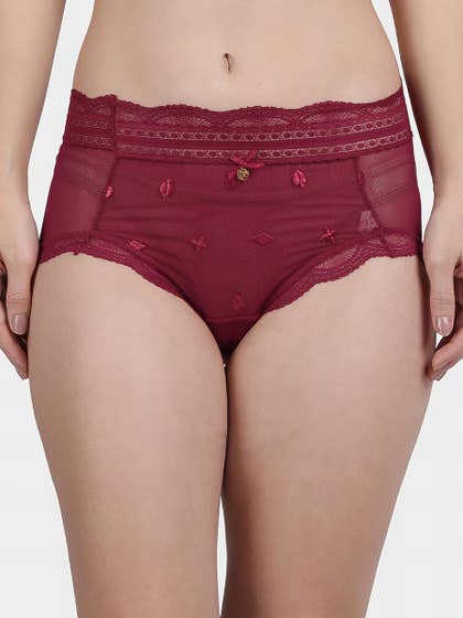 Shyle Bold Red Hipster Embroidered Lace Panty
