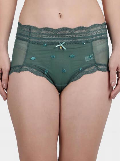 Shyle Forest Green Hipster Embroidered Lace Panty