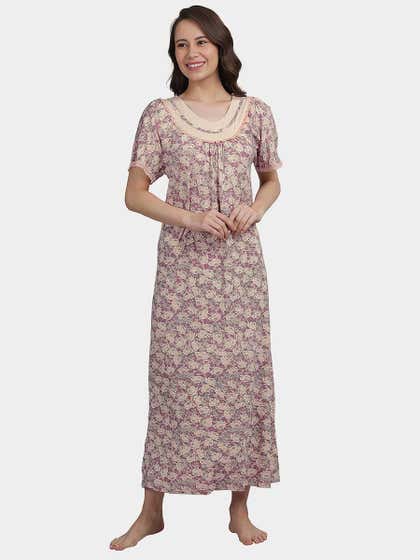 Shyle Peach All Over Flower Print Half Sleeve Long Maxi Nightgown