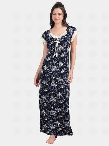 Shyle Dark Navy Floral Printed Cap Sleeve Full Length Nightgown