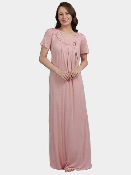 Shyle Peach Polka Soft Feel Fabric Neckline Frill Nightgown