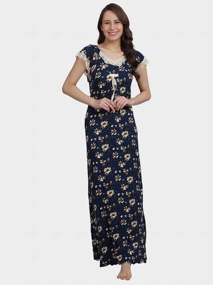 Shyle Navy Blue Cream Raglan Half Sleeve Nightgown