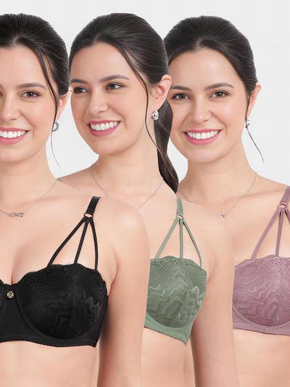 Susie Multicolor Lace Decorative Front Strap Padded Wired Balconette Bra Combo