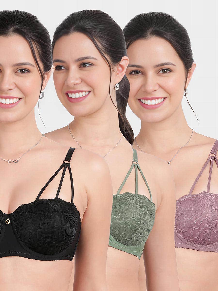 Susie Multicolor Lace Decorative Front Strap Padded Wired Balconette Bra Combo