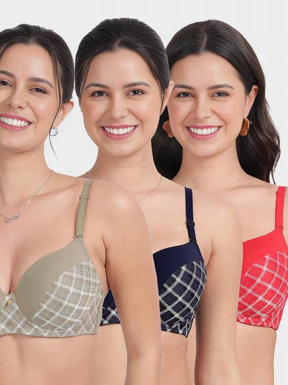 Susie Multicolor Checked Half Lace Padded Wired Bra Combo