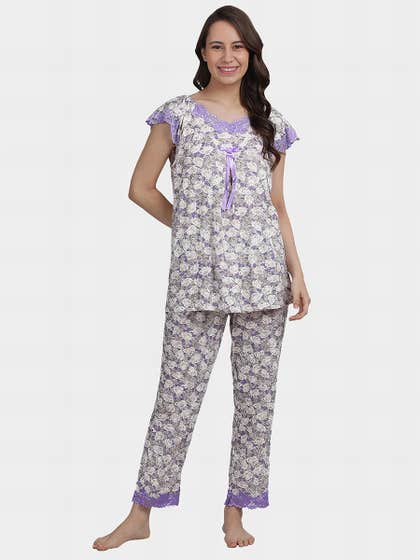 Shyle Lavender Floral Lace Cap Sleeve Pyjama Set
