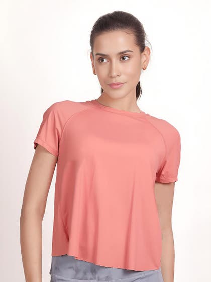 Shyle Pale Rosette Pink Half Sleeve Overlap Mesh Back T-Shirt