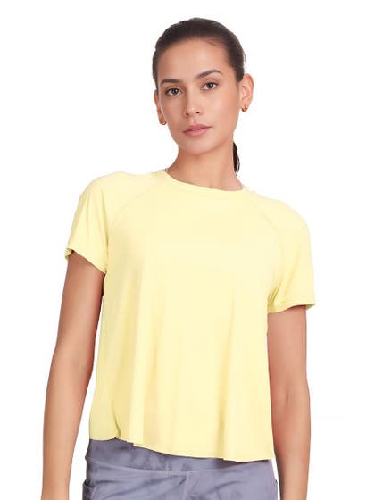 Shyle Bright Yellow Half Sleeve Overlap Mesh Back T-Shirt