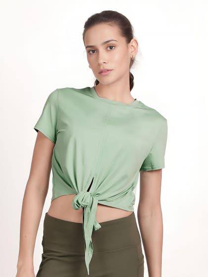 Shyle Bay Green Round Neckline Front Tie Up Crop Top