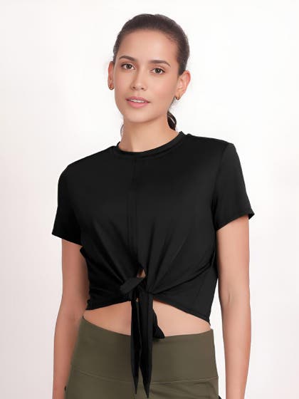 Shyle Black Beauty Round Neckline Front Tie Up Crop Top