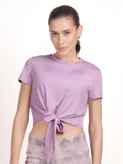 Shyle Pastel Lilac Round Neckline Front Tie Up Crop Top
