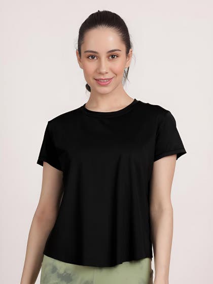 Shyle Black Beauty Mesh Back Keyhole Rounded Hem T-Shirt