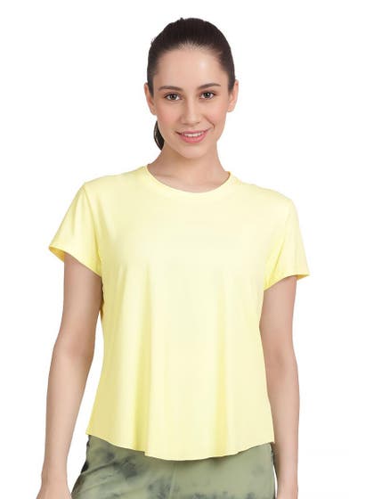 Shyle Bright Yellow Mesh Back Keyhole Rounded Hem T-Shirt