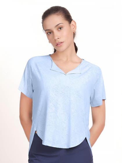 Shyle Delicate Blue Raglan Sleeve High Low Hem TShirt