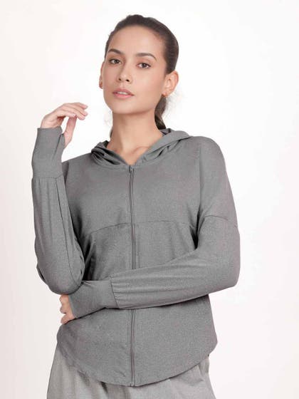 Shyle Grey Melange Front Zipper Pocket Hooded Jacket