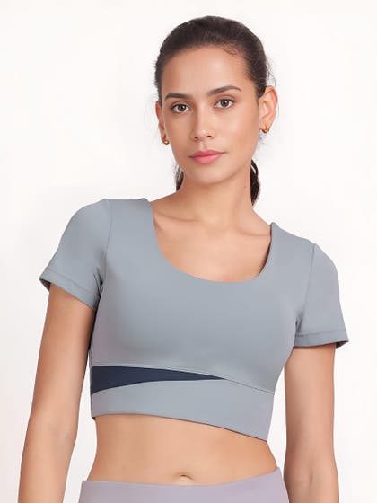 Shyle Greyish Blue and Navy Blue U Neckline Padded Bra Top