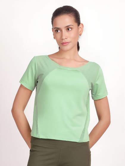 Shyle Pastel Green Raglan Mesh Sleeve Regular T-Shirt