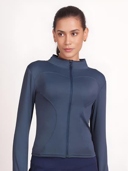 Shyle Azurine Blue Front Zipper Fitted High Neck Jacket