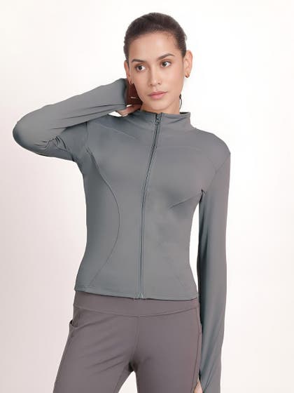 Shyle Monument Grey Front Zipper Fitted High Neck Jacket
