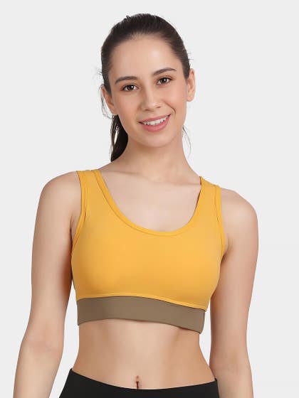 Shyle Yellow and Brown Low Impact Removable Padding Sports Bra