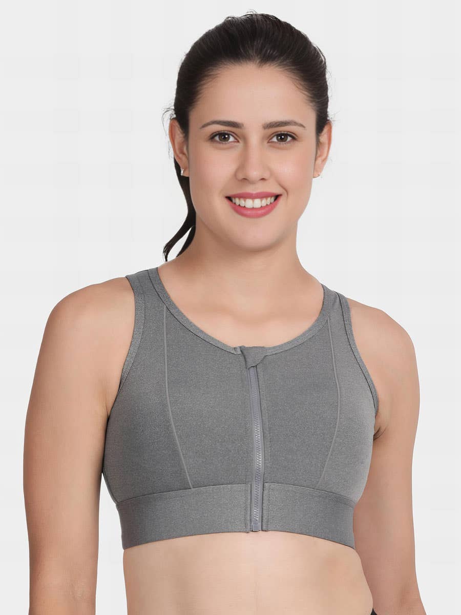Shyle Granite Grey High Impact Padded Front Open Sports Bra