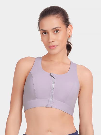 Shyle Pastel Lilac Front Zipper High Impact Sports Bra