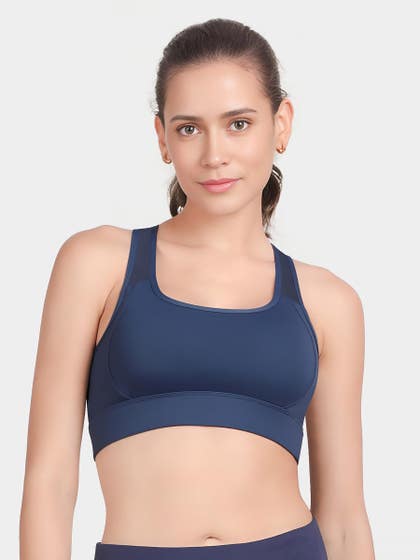 Shyle Navy Blue Medium Impact Recerback Keyhole Sports Bra