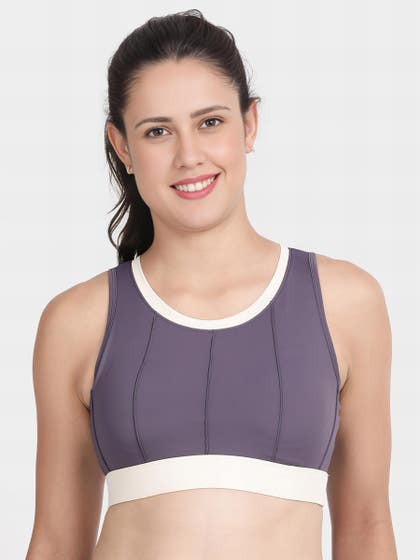 Shyle Cadet Purple Medium Impact Round Neck Contrast Padded Sports Bra
