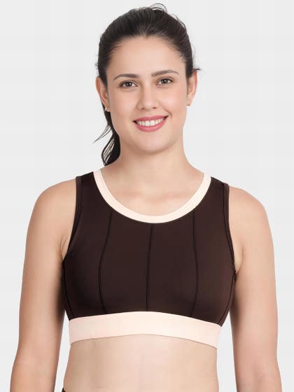 Shyle Dark Chocolate Medium Impact Round Neck Contrast Padded Sports Bra