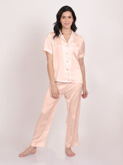 Shyle Powder Pink Lime Printed Satin Pyjama Set