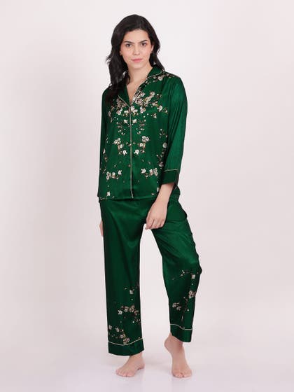 Shyaway Verdant Green Floral Printed Contrast Piping Satin Pyjama Set