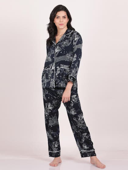 Shyle Big Dipper Blue Constellation Printed Satin Pyjama Set